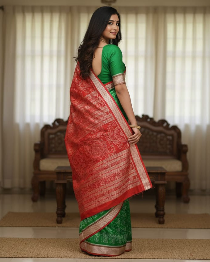 Green Red Tree Odisha Handloom Sambalpuri Silk Saree