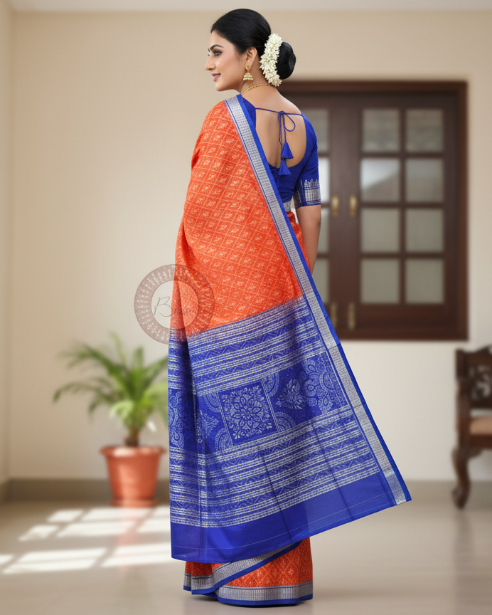 Orange Blue Tribal Odisha Handloom Sambalpuri Silk Saree