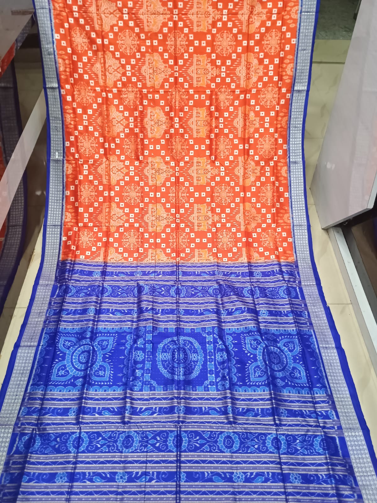 Orange Blue Pasapali And Animal Design Sambalpuri Silk Saree