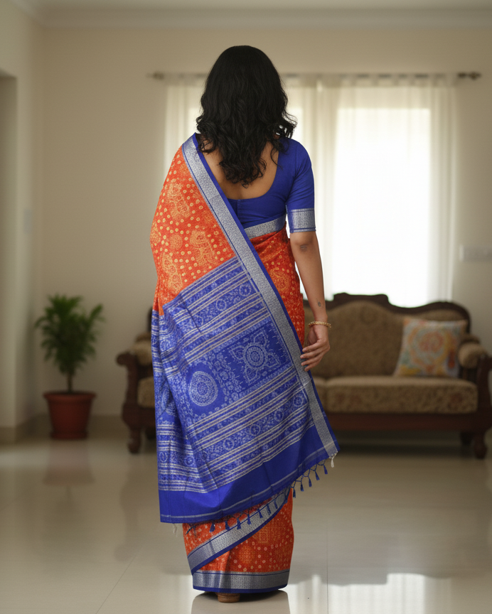 Orange Blue Pasapali And Animal Design Sambalpuri Silk Saree