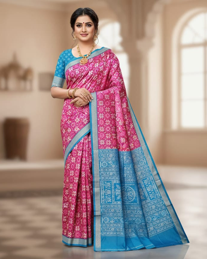 Pink Copper Sulphate Pasapali And Birds Design Sambalpuri Silk Saree