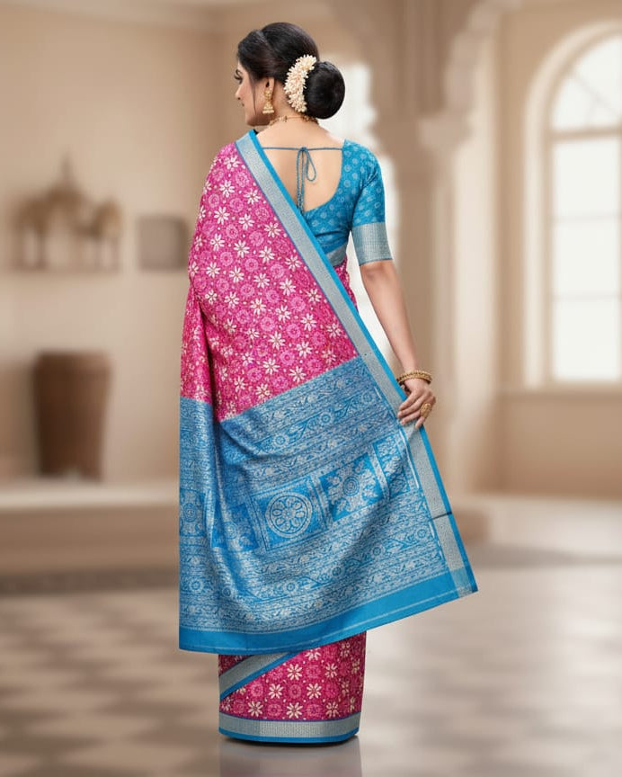 Pink Copper Sulphate Pasapali And Birds Design Sambalpuri Silk Saree