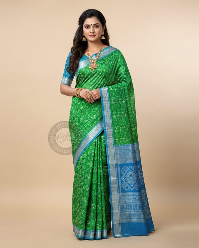 Green Copper Sulphate Tribal And Tree Odisha Handloom Sambalpuri Silk Saree