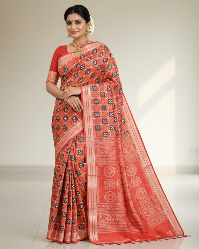 Red Black Pasapali And Flower Design Sambalpuri Silk Saree