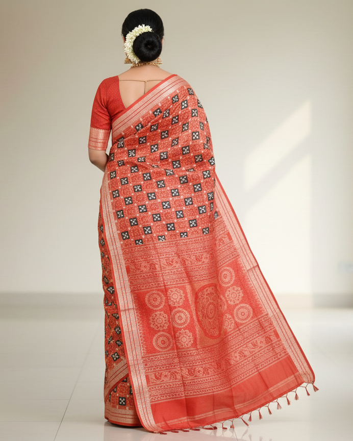 Red Black Pasapali And Flower Design Sambalpuri Silk Saree