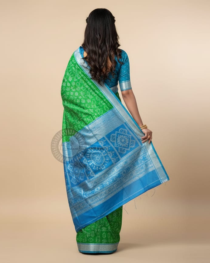 Green Copper Sulphate Tribal And Tree Odisha Handloom Sambalpuri Silk Saree