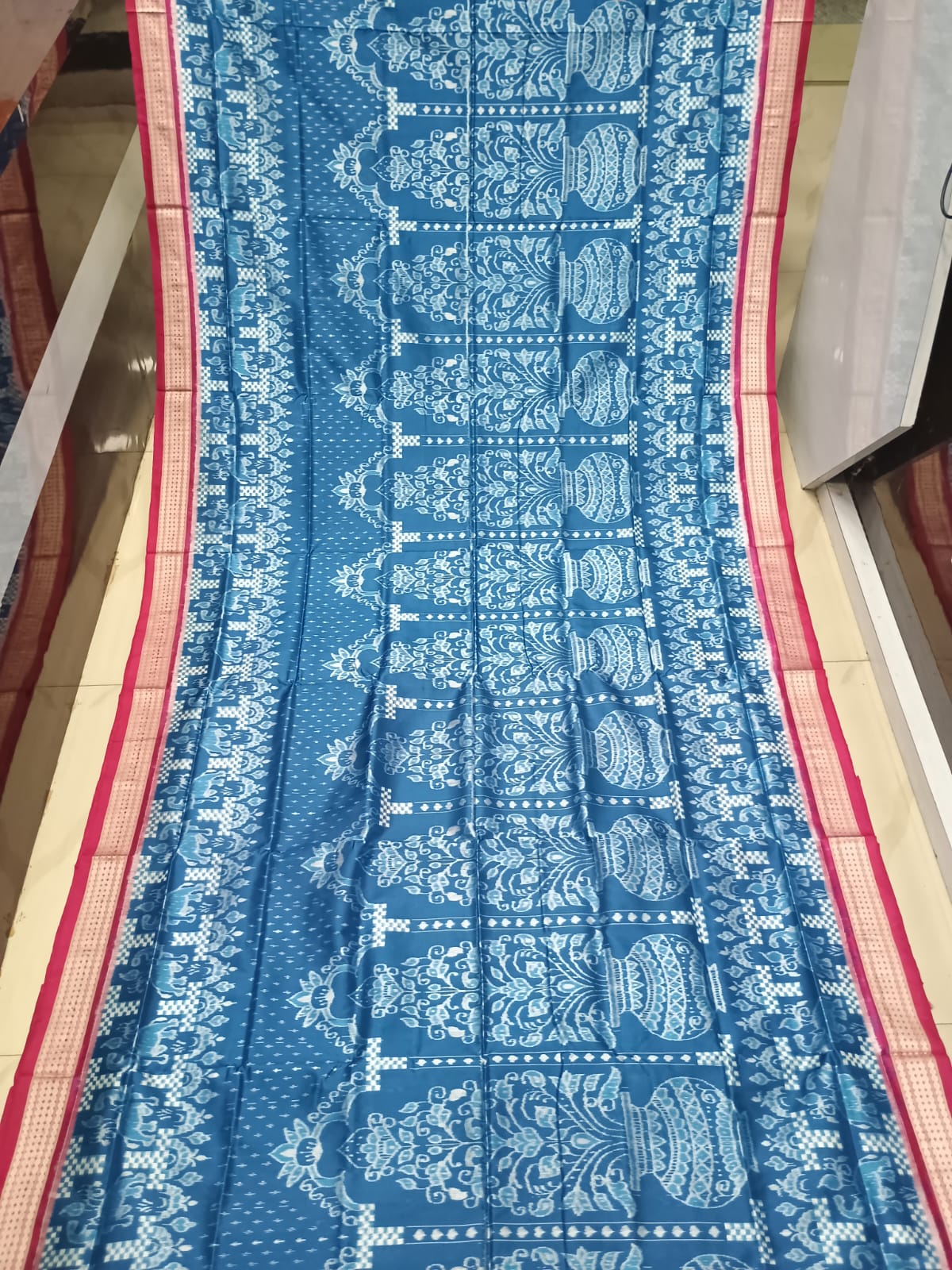 Teal Blue Magenta Tree Design Sambalpuri Silk Saree