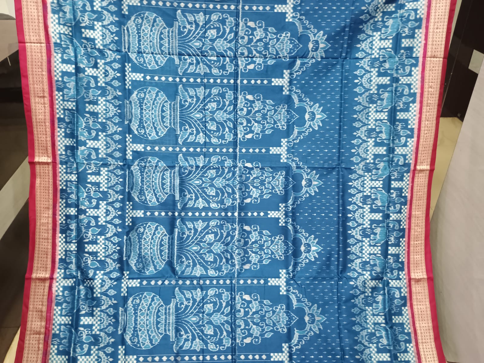 Teal Blue Magenta Tree Design Sambalpuri Silk Saree