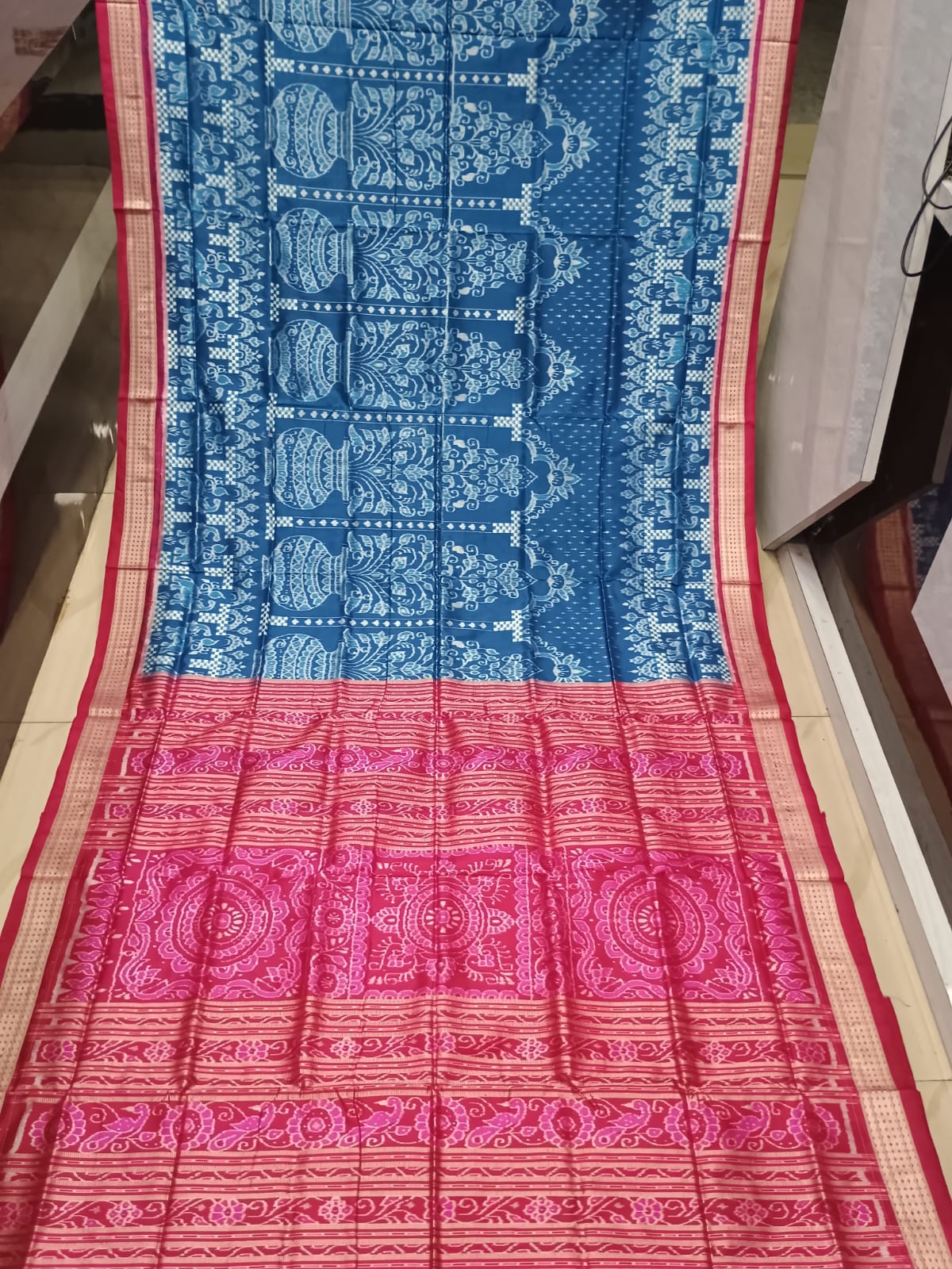 Teal Blue Magenta Tree Design Sambalpuri Silk Saree