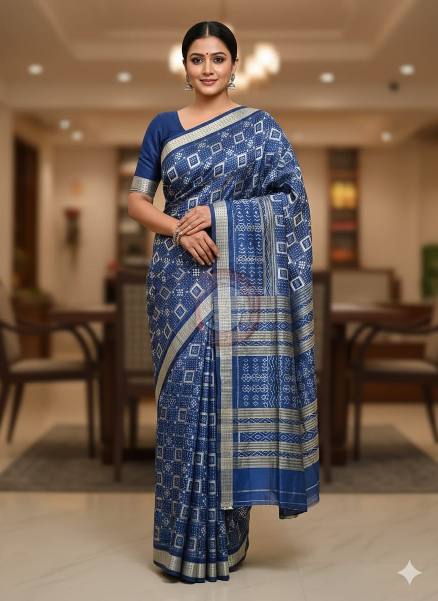 Indigo Blue Self Pasapali Sambalpuri Silk Saree