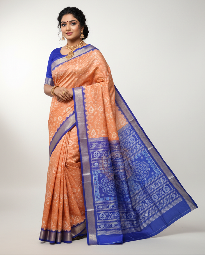 Peach Blue Tribal Tree Odisha Handloom Sambalpuri Silk Saree