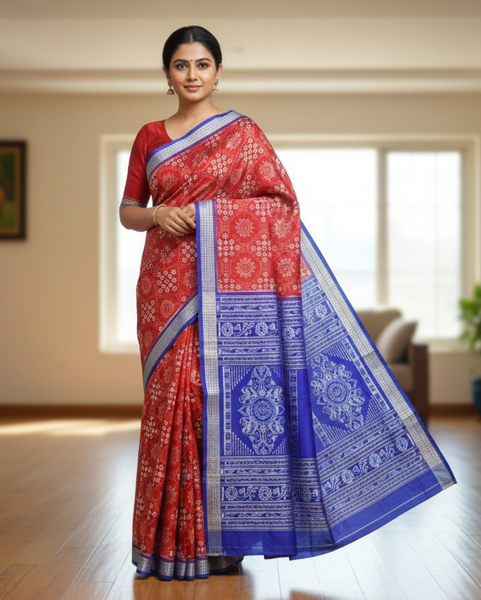 Red Blue Pasapali And Tribal Chakra Design Sambalpuri Silk Saree