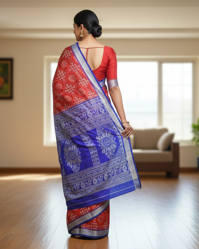 Red Blue Pasapali And Tribal Chakra Design Sambalpuri Silk Saree