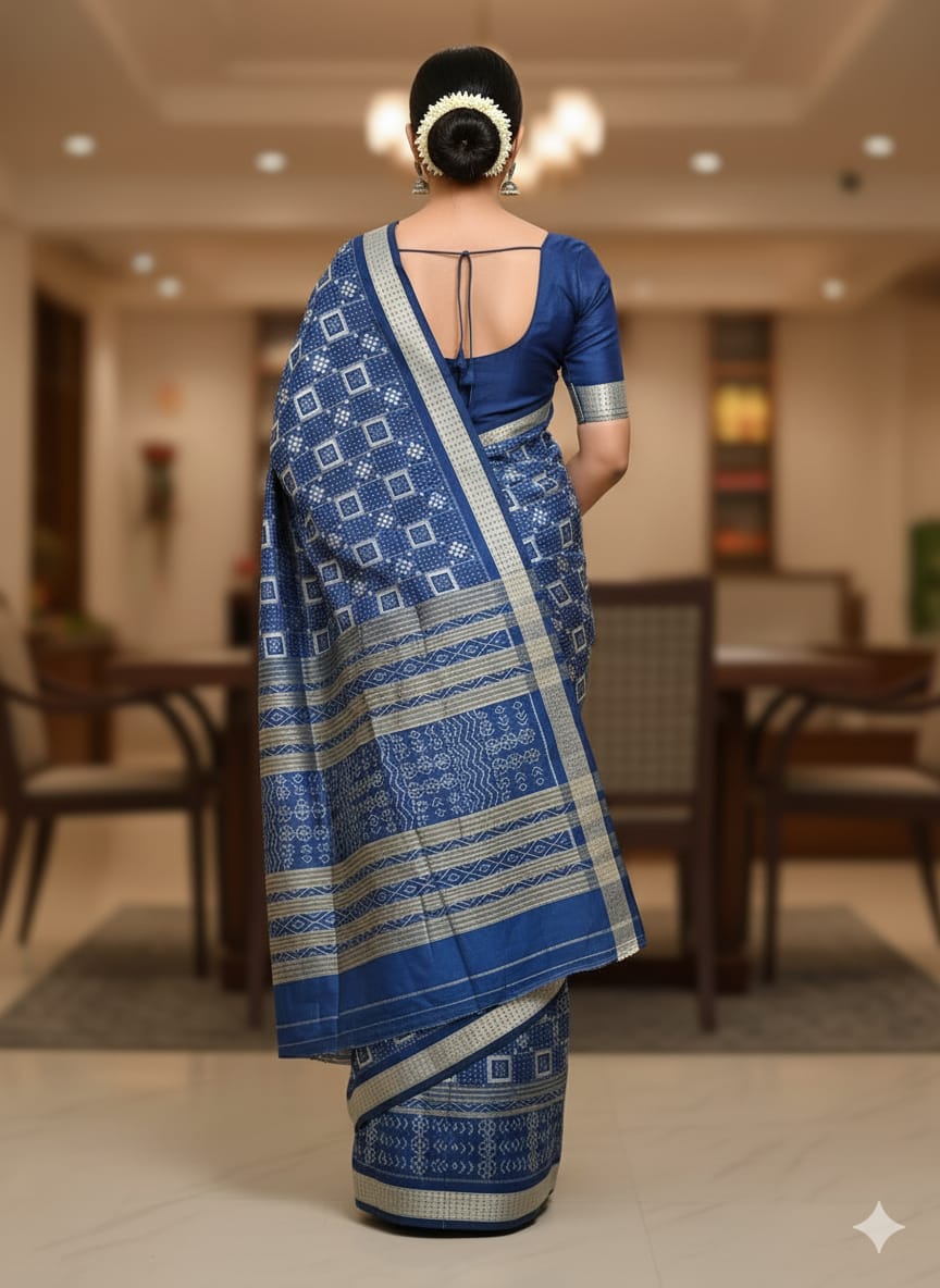 Indigo Blue Self Pasapali Sambalpuri Silk Saree