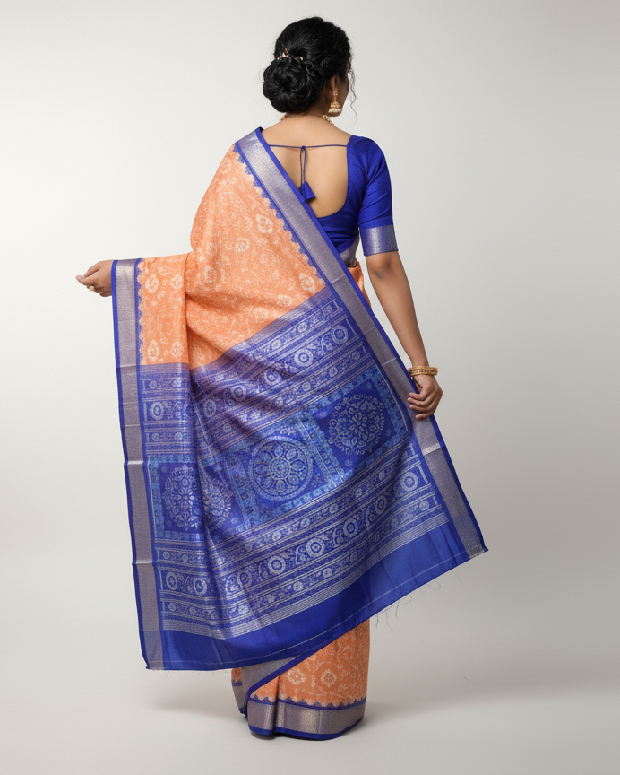 Peach Blue Tribal Tree Odisha Handloom Sambalpuri Silk Saree