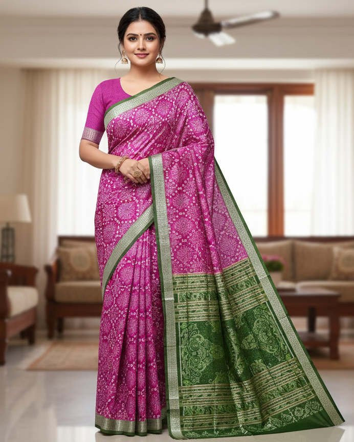 Pink Mehendi Green Pasapali And Tree Design Sambalpuri Silk Saree