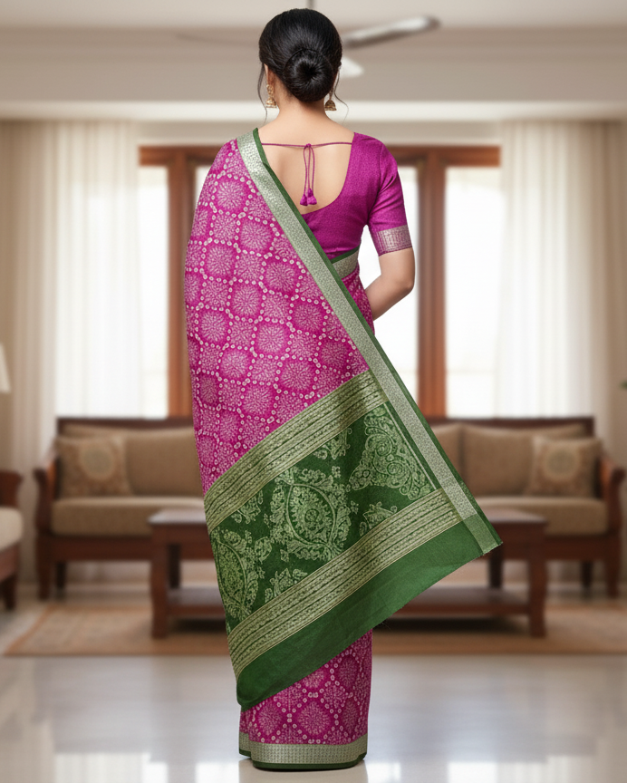 Pink Mehendi Green Pasapali And Tree Design Sambalpuri Silk Saree