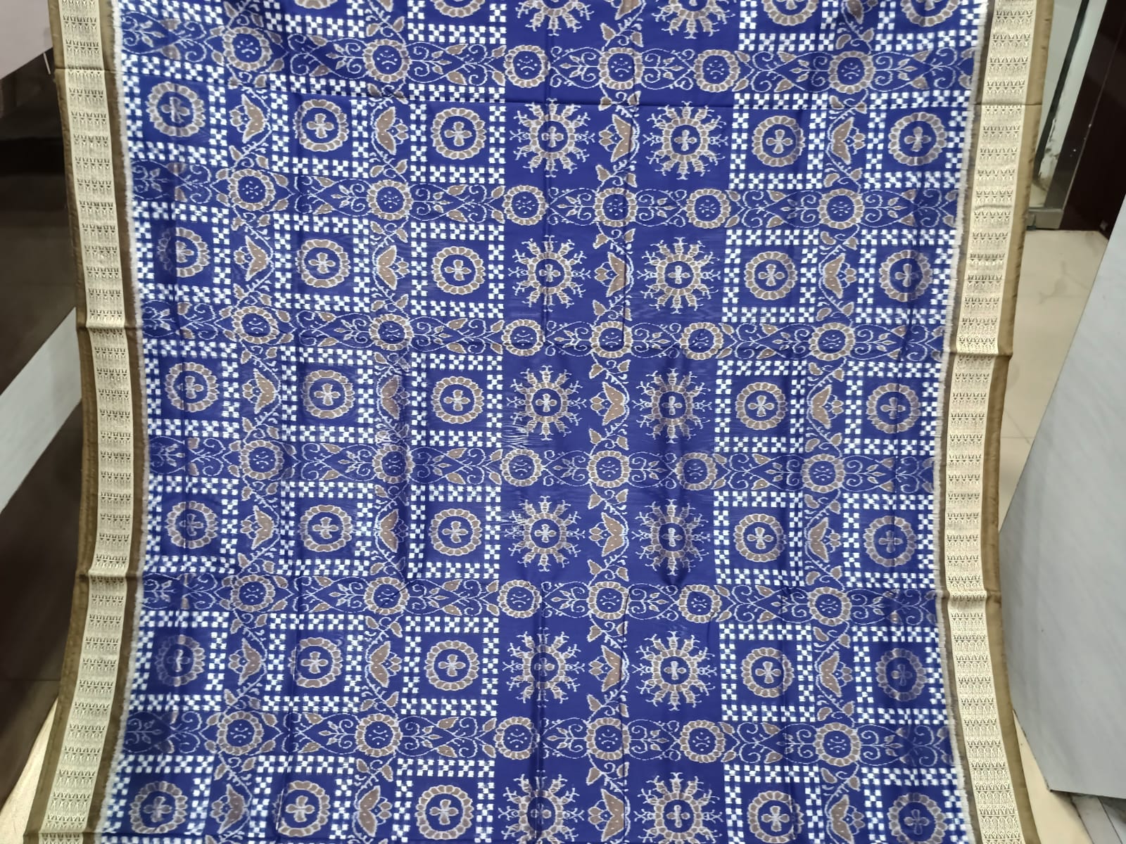 Blue Grey Pasapali And Flower Design Sambalpuri Silk Saree