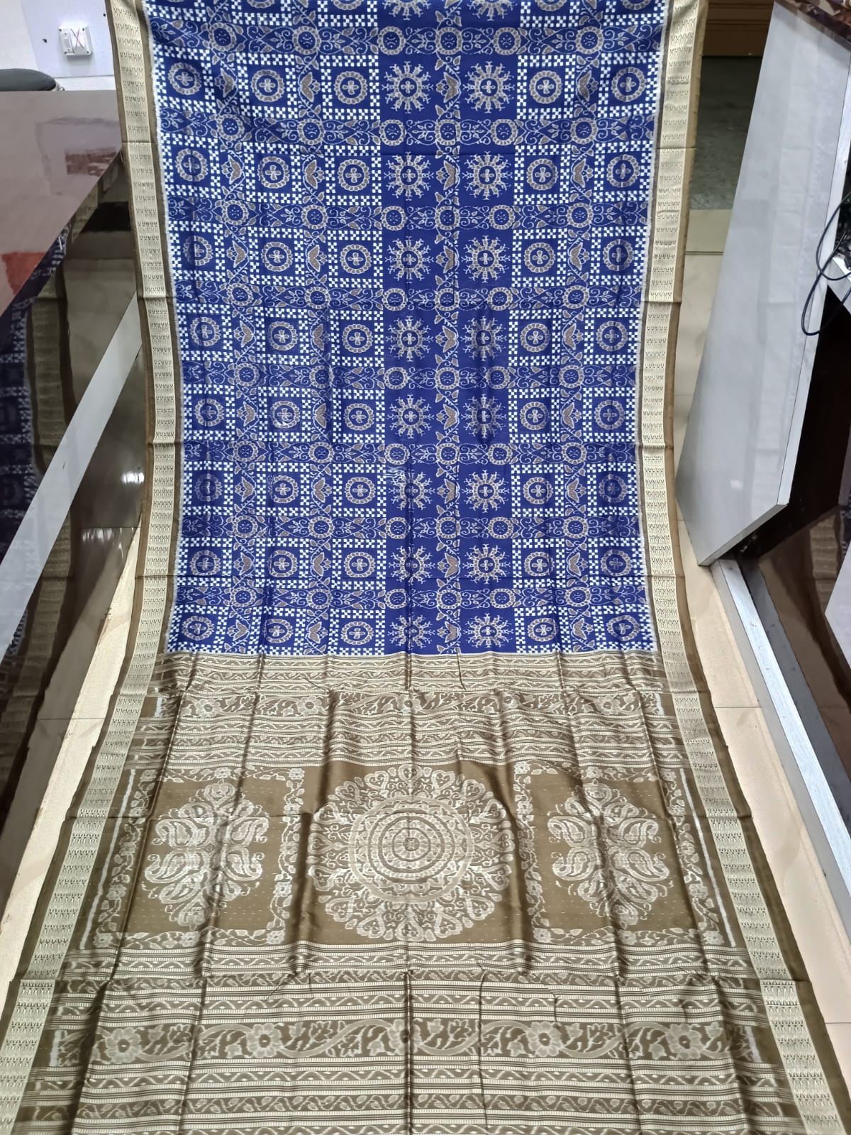 Blue Grey Pasapali And Flower Design Sambalpuri Silk Saree