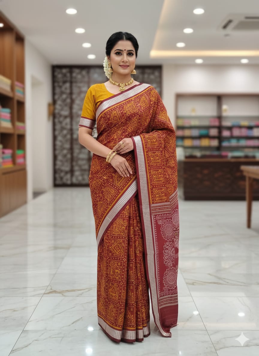 Maroon Yellow Tribal And Laxmi Pada Odisha Handloom Sambalpuri Silk Saree