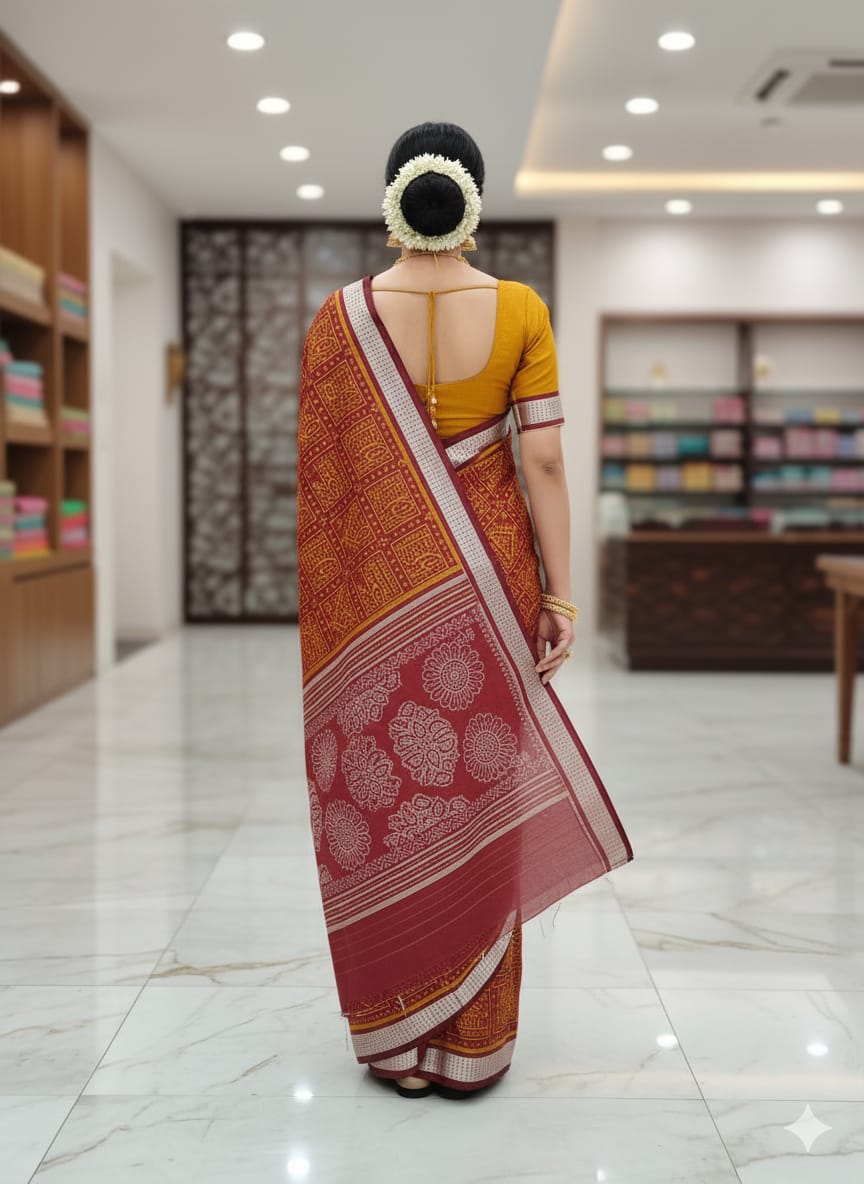 Maroon Yellow Tribal And Laxmi Pada Odisha Handloom Sambalpuri Silk Saree