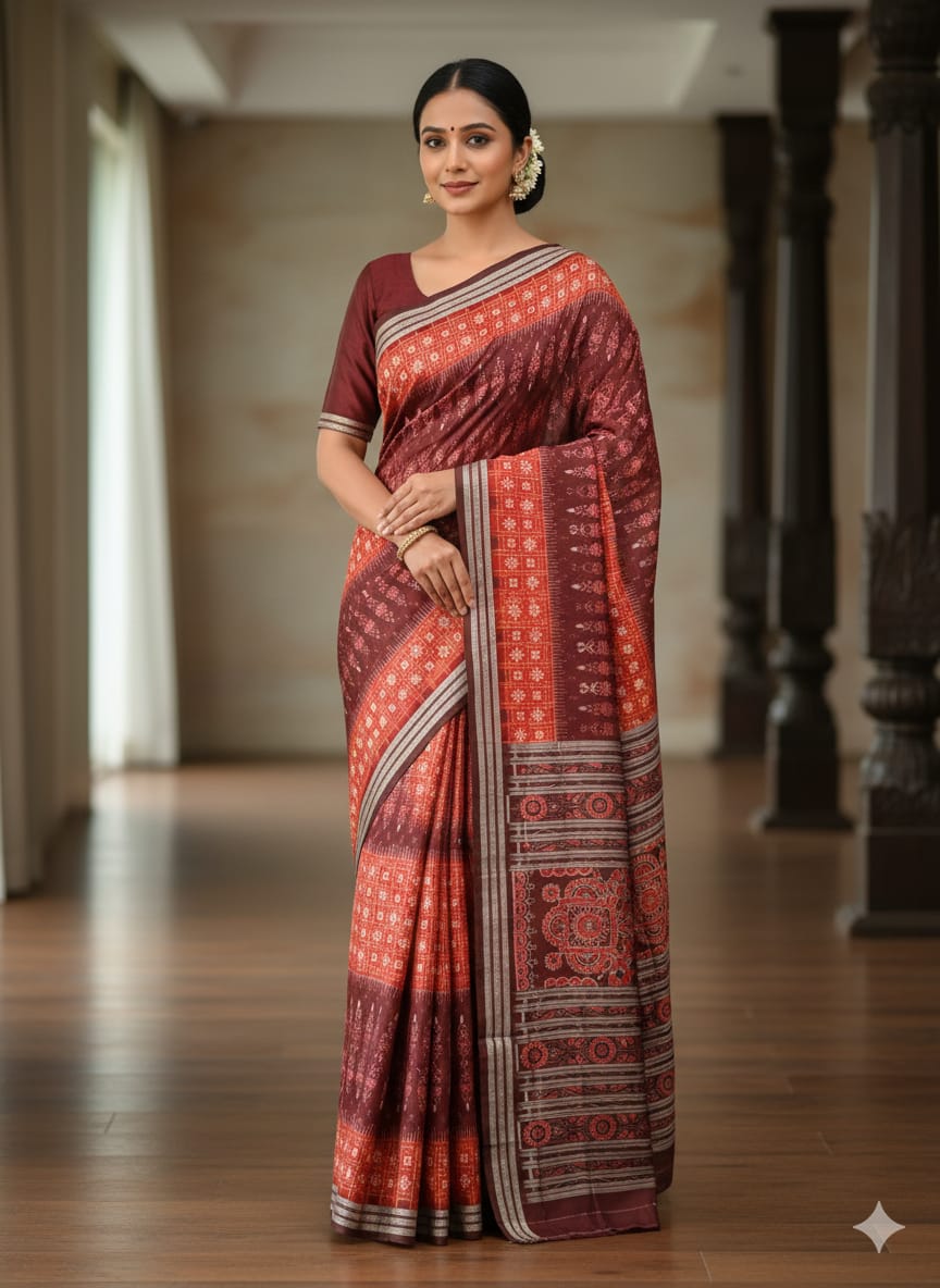 Red Coffe Mini Pasapali Sambalpuri Silk Saree