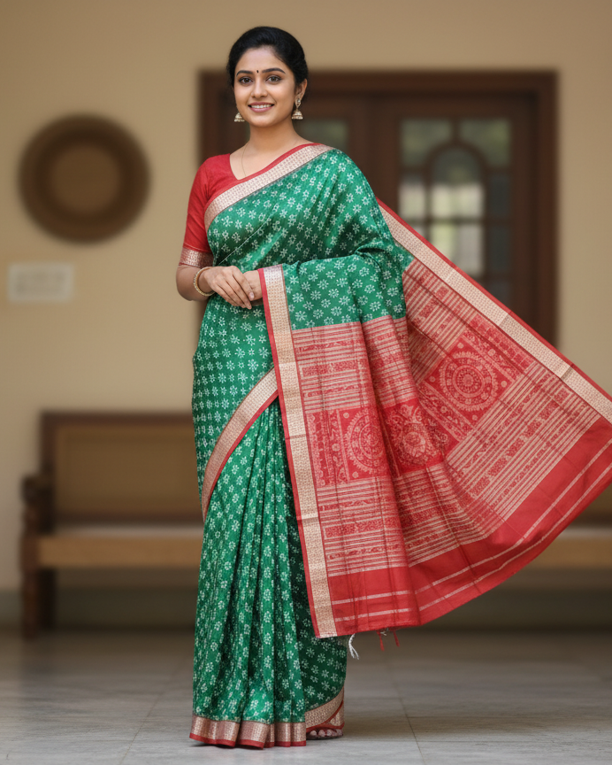 Green Red Min Pasapali Sambalpuri Silk Saree