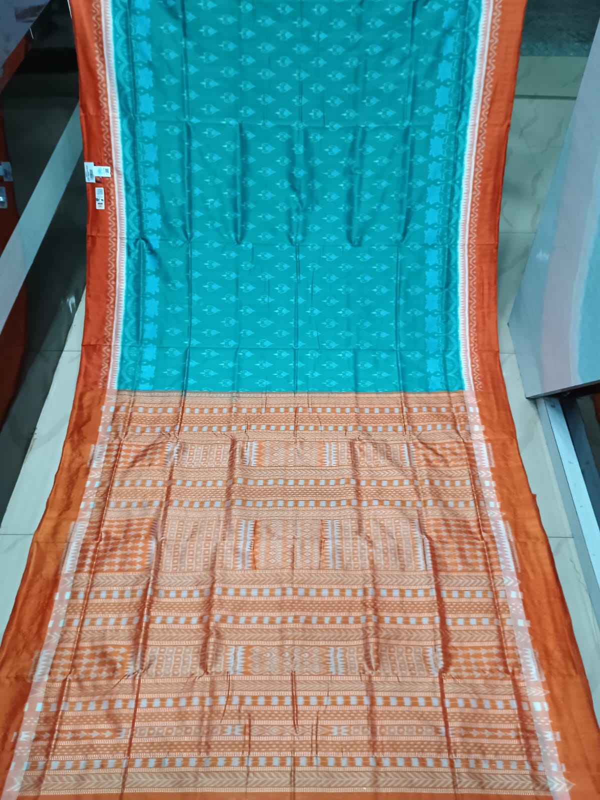 Sea Green Rust Flower Ek Chandia Sambalpuri Silk Saree