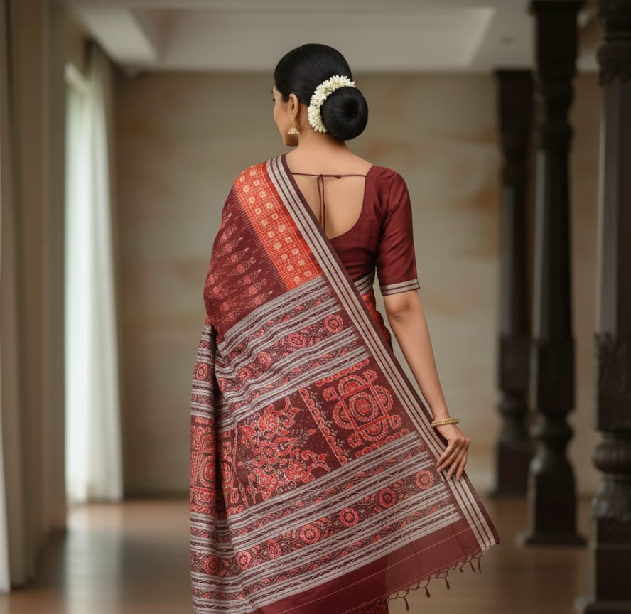 Red Coffe Mini Pasapali Sambalpuri Silk Saree