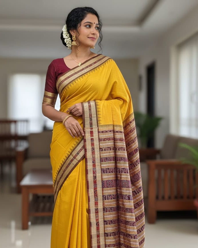Mustard Yellow Maroon Sachipar Odisha Handloom Sambalpuri Silk Saree