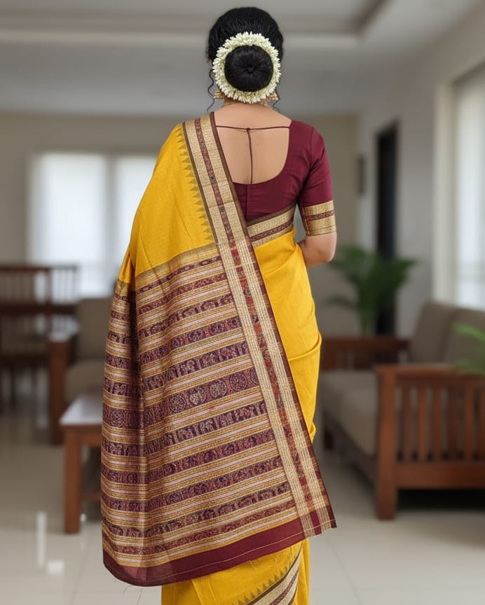 Mustard Yellow Maroon Sachipar Odisha Handloom Sambalpuri Silk Saree