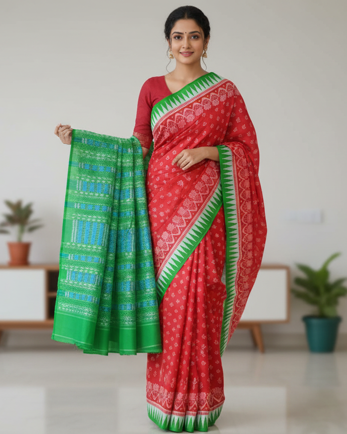 Red Green Flower Ek Chandia Sambalpuri Silk Saree