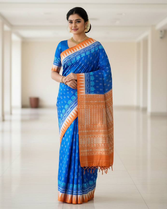 Blue Rust Flower Ek Chandia Sambalpuri Silk Saree