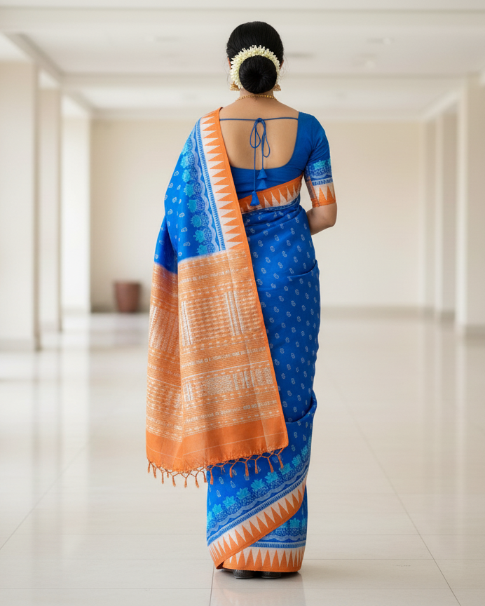 Blue Rust Flower Ek Chandia Sambalpuri Silk Saree