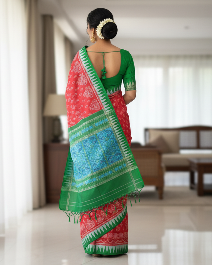 Red Green Leaf Ek Chandia Sambalpuri Silk Saree