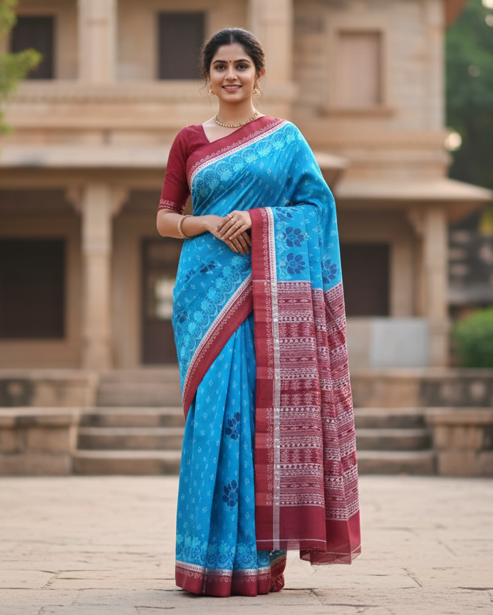 Copper Sulphate Maroon Flower Ek Chandia Sambalpuri Silk Saree