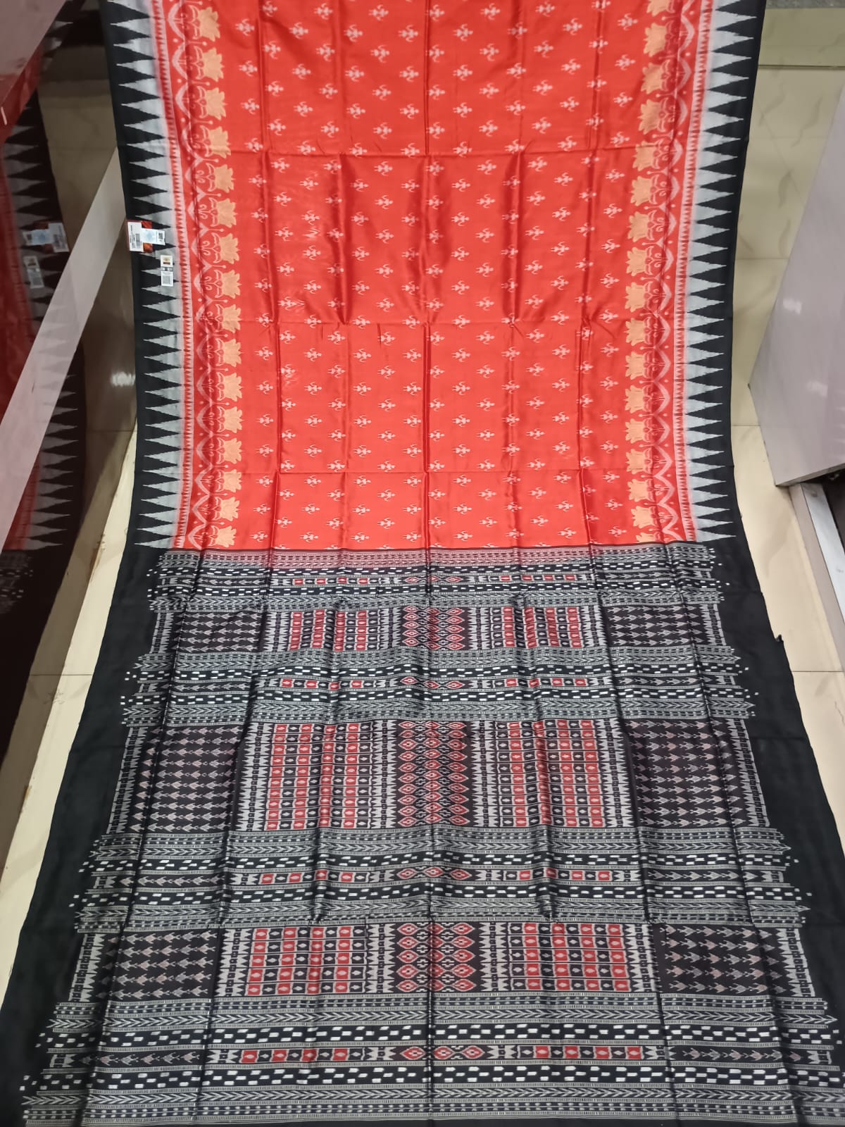 Orange Black Tribal Ek Chandia Sambalpuri Silk Saree