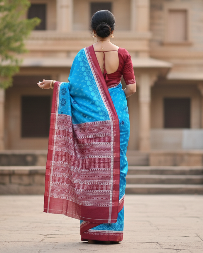 Copper Sulphate Maroon Flower Ek Chandia Sambalpuri Silk Saree