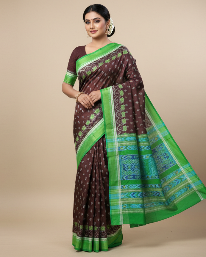 Coffee Green Flower Ek Chandia Sambalpuri Silk Saree