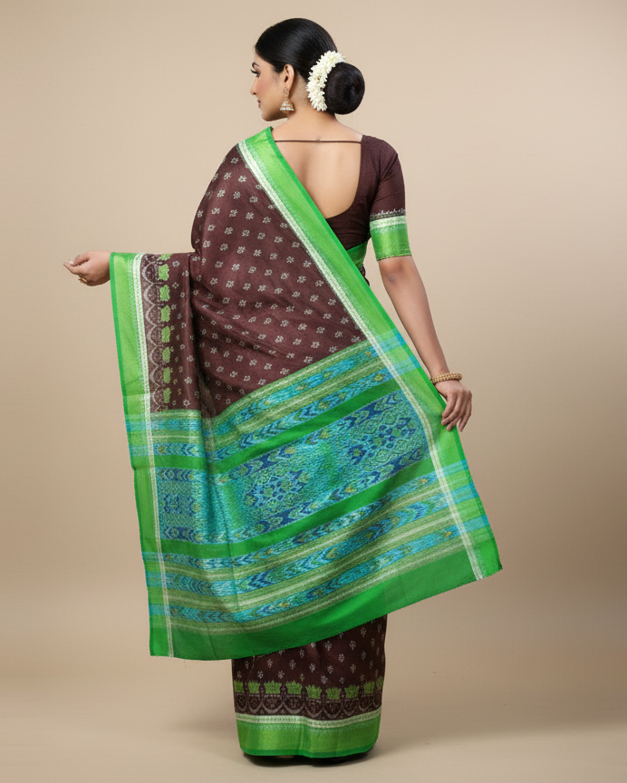 Coffee Green Flower Ek Chandia Sambalpuri Silk Saree
