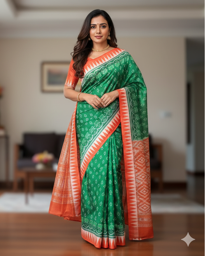 Green Red Flower Ek Chandia Sambalpuri Silk Saree
