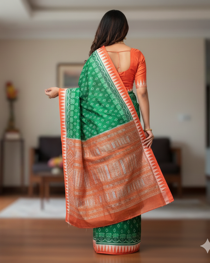 Green Red Flower Ek Chandia Sambalpuri Silk Saree