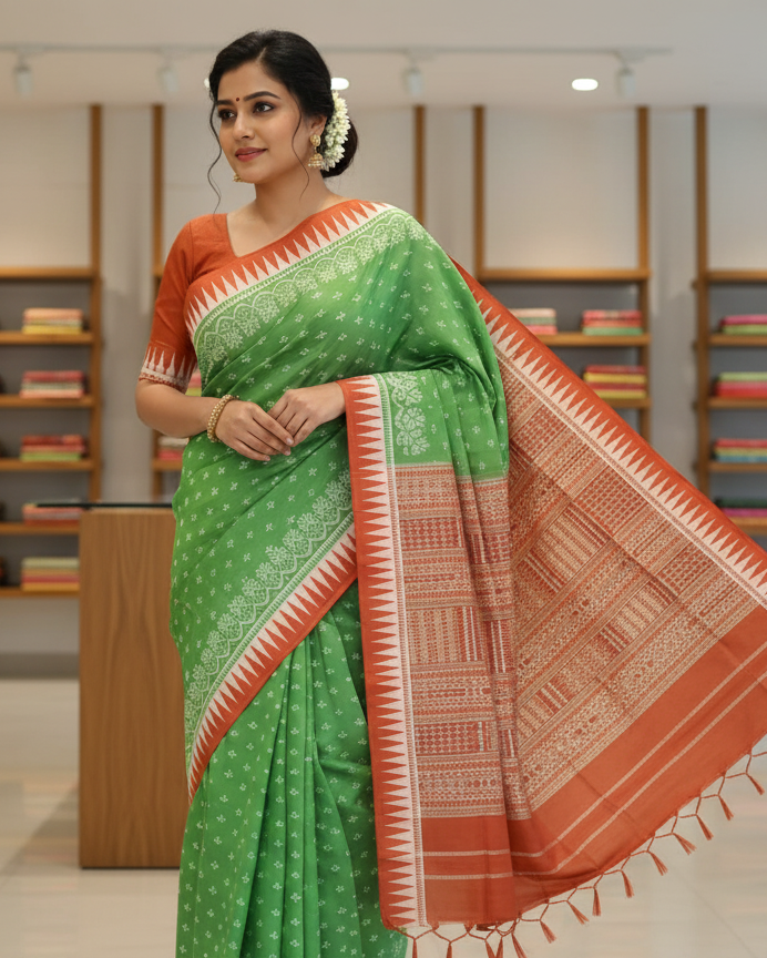 Light Green Red Flower Ek Chandia Sambalpuri Silk Saree