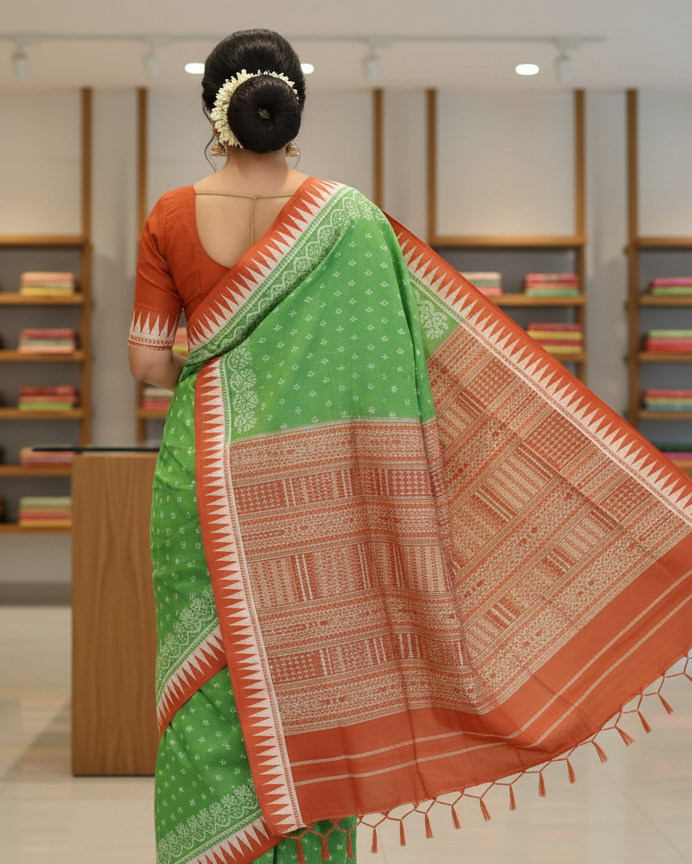 Light Green Red Flower Ek Chandia Sambalpuri Silk Saree