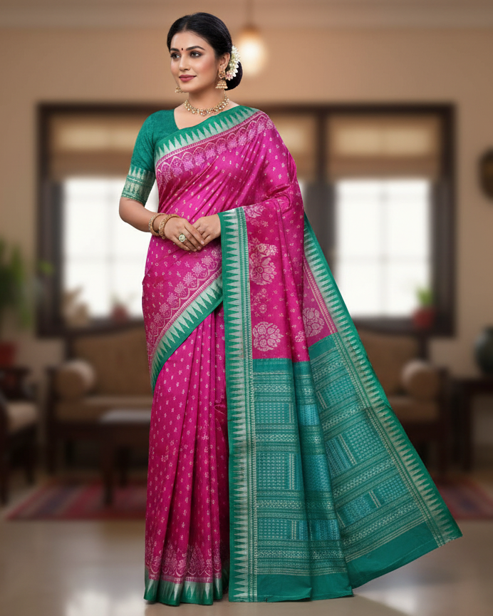 Magenta Sea Green Flower Ek Chandia Sambalpuri Silk Saree