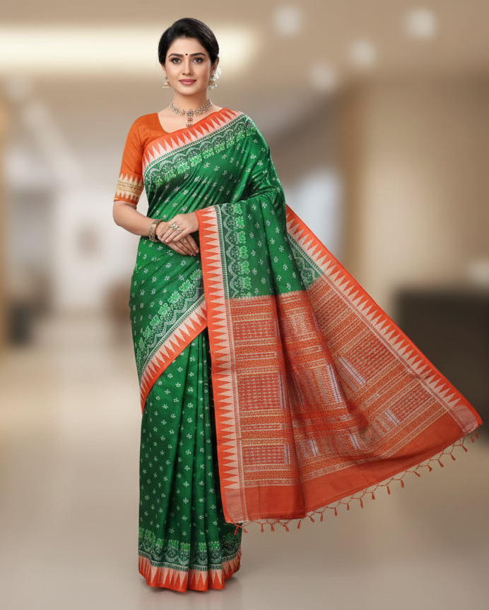 Green Red Tribal Ek Chandia Sambalpuri Silk Saree