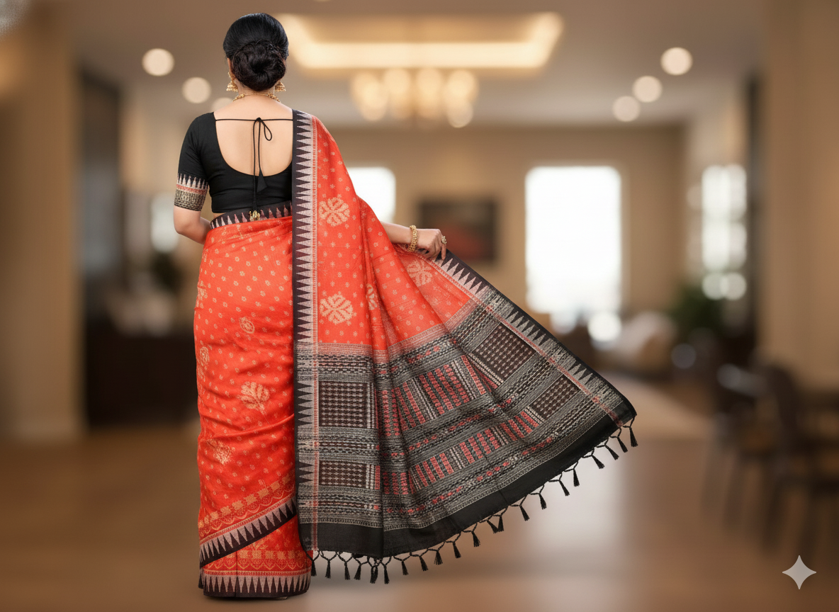 Orange Black Tribal Ek Chandia Sambalpuri Silk Saree