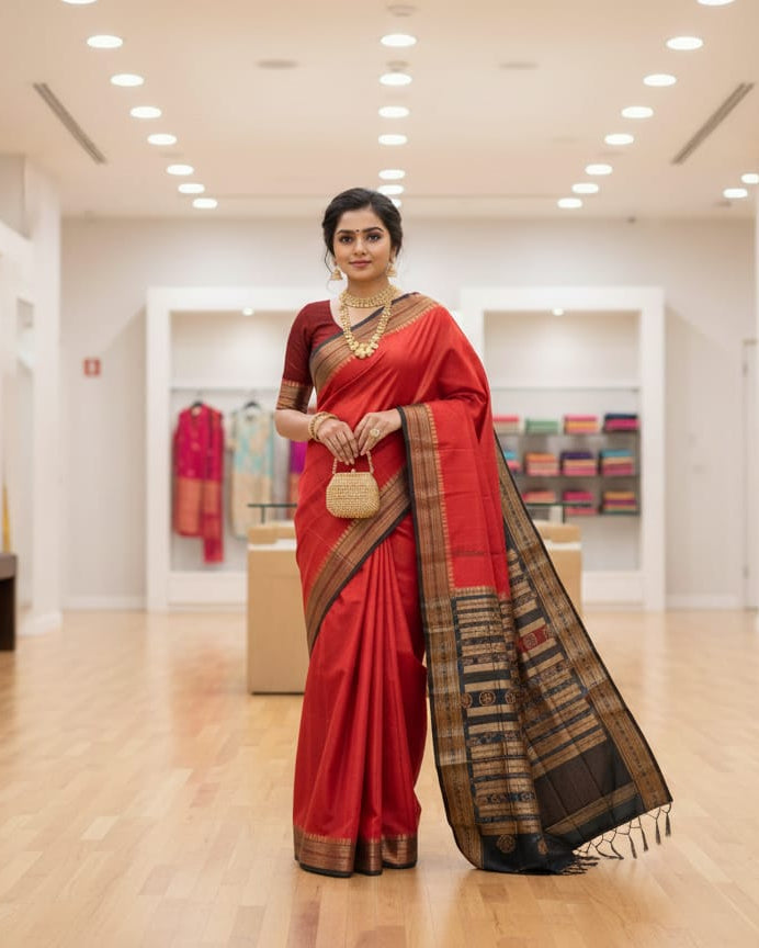 Red Black Sachipar Odisha Handloom Sambalpuri Silk Saree