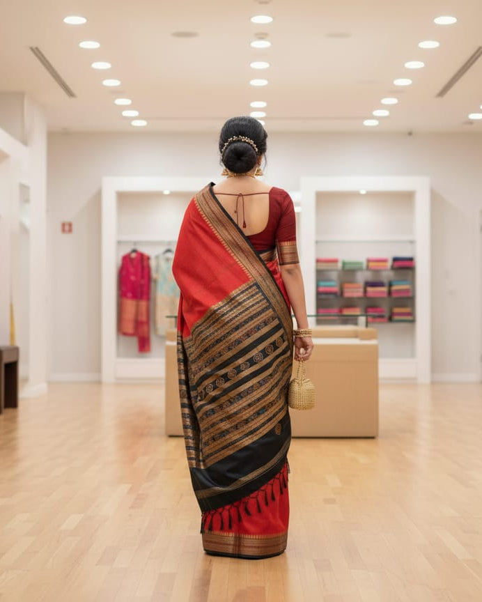 Red Black Sachipar Odisha Handloom Sambalpuri Silk Saree