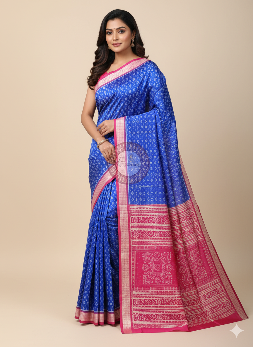 Blue Magenta Tribal Ek Chandia Sambalpuri Silk Saree